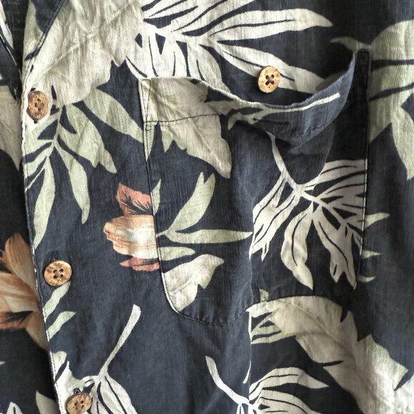 Banana Cabana 100% Silk Floral Print Hawaiian Button Down Shirt Large Black - Picture 3 of 6